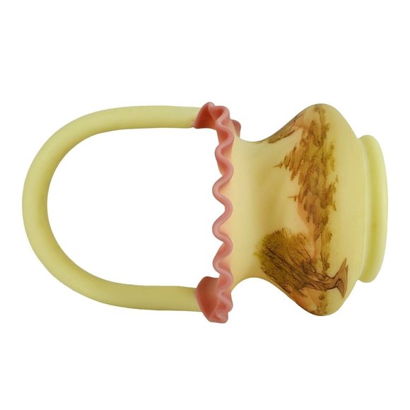 Fenton Art Glass Burmese Ruffled Handled Basket Trees Birds Artist Signed VTG - Picture 7 of 9